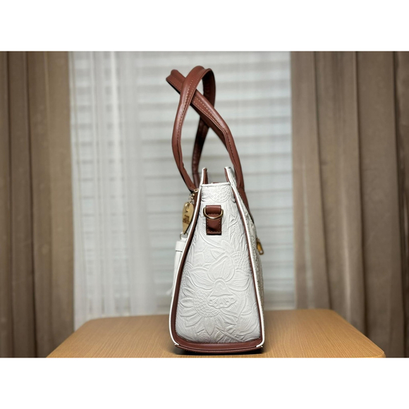 Floral White & Brown Cross Stitch Embossed Tooled Artisan LEATHER Bag Purse Tote - Picture 7 of 12